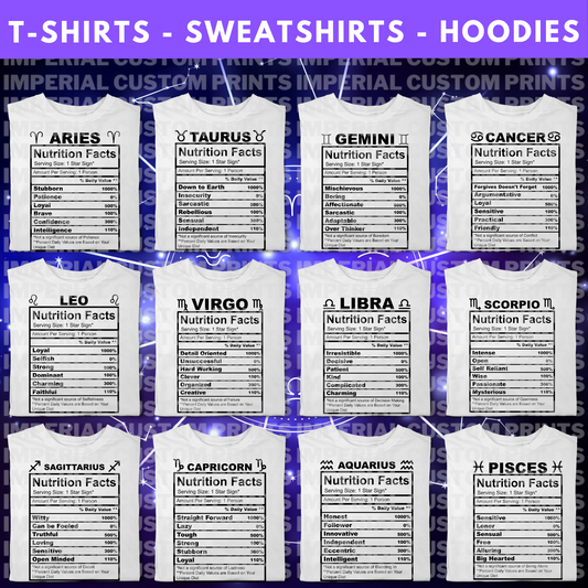 Zodiac Nutrition Facts (Choose shirt type/color)