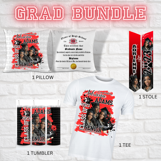 Celebrate your grad's achievements with the ultimate package filled with customizable items including a throw pillow, grad stole, drink tumbler, and t-shirt. Make your grad feel special with keepsakes that can be displayed everywhere, throughout their entire grad experience.