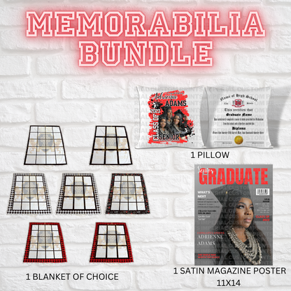 Celebrate your graduation in style with our Grad Memorabilia Package! This bundle includes a display panel blanket, throw pillow, and magazine cover poster, perfect for showcasing your achievements. Decorate your space and keep these precious keepsakes to remember your special day.